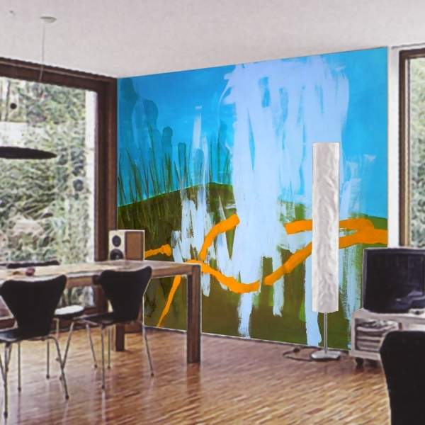 Wandgestaltung, Wandmalerei mit Landschaftsmotiven in einem modernem Esszimmer, in blauen und braunen Farbtnen mit orangen Akzenten